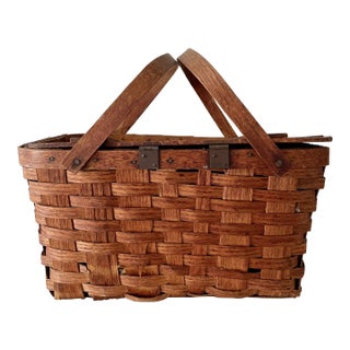 Vintage Woven Picnic Basket For Sale