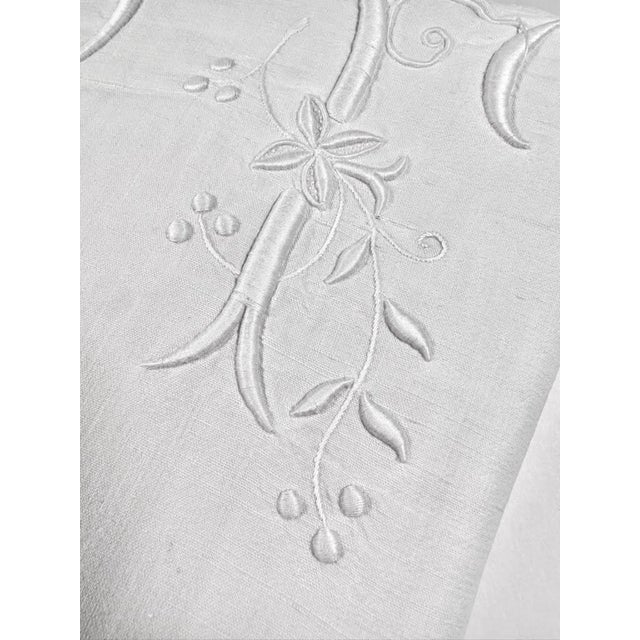 Early 21st Century Antique French Linen Sheet Circa 1920 Pf Monogram Hand Embroidered Whitework Ladderwork French Trousseau For Sale - Image 5 of 9