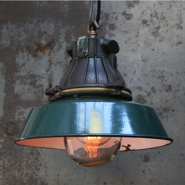 Vintage Industrial French Green Enamel Cast Iron and Clear Glass Pendant Light by Sammode For Sale - Image 4 of 5