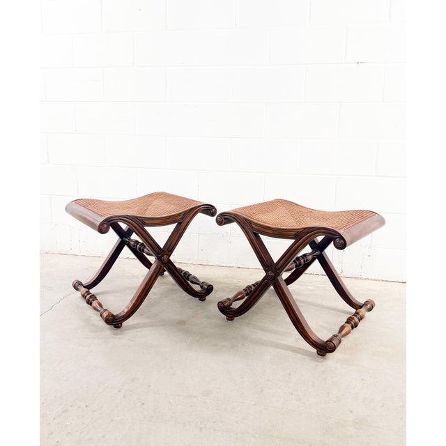 Campaign Late 20th Century Regency Campaign-Style X-Base Cane Stools in the Manner of Gillows of Lancaster For Sale - Image 3 of 12