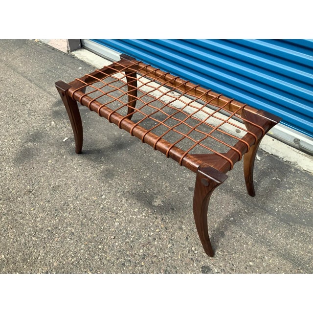 2000 - 2009 Mid Century Modern Walnut Klismos Ottomans. - Pair For Sale - Image 5 of 6