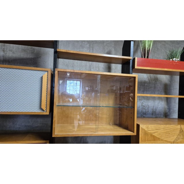 Wood Vintage Czechoslovak Modular Wall Unit with Veneer Cabinets and Black Wooden Supports, 1970s For Sale - Image 7 of 13
