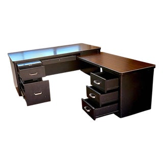 Mad-Men Industrial 1970s Black Metal & Rosewood Laminate L-Shaped Executive Desk With Storage For Sale