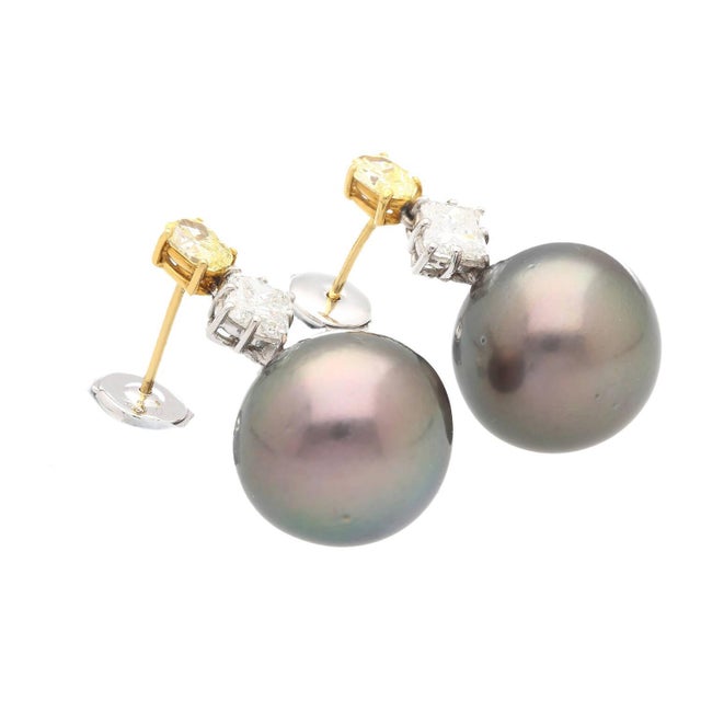 Black Pearl With Fancy Yellow & White Lily Cut Diamond Drop Earrings For Sale - Image 4 of 8