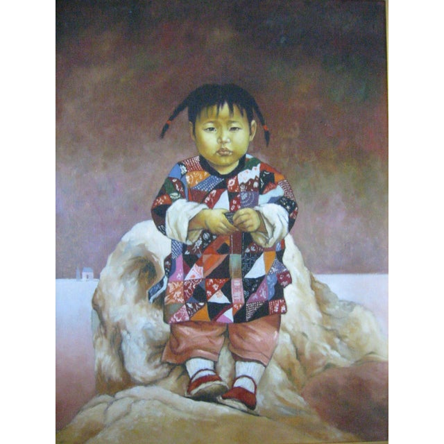 From China, a folk art portrait of a child, oil on canvas, painting, with incredible color contrast. Originally was...