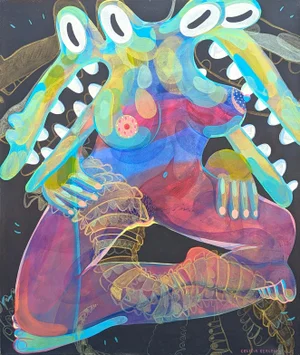 21st Century Contemporary Abstract Green and Pink Biomorphic Double Alligator Figure Painting by Cecilia Beaven
