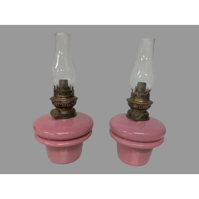 Pair of Antique Victorian Pink Opaline Art Glass Oil Lamp Fonts For Sale - Image 12 of 12