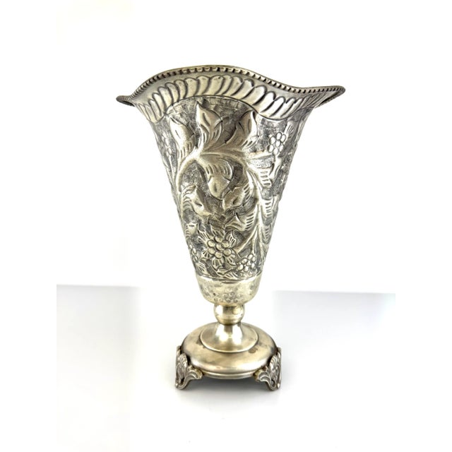 Silver Vintage European Silverplate Repoussé Floral Vase on Ornate Base For Sale - Image 8 of 10