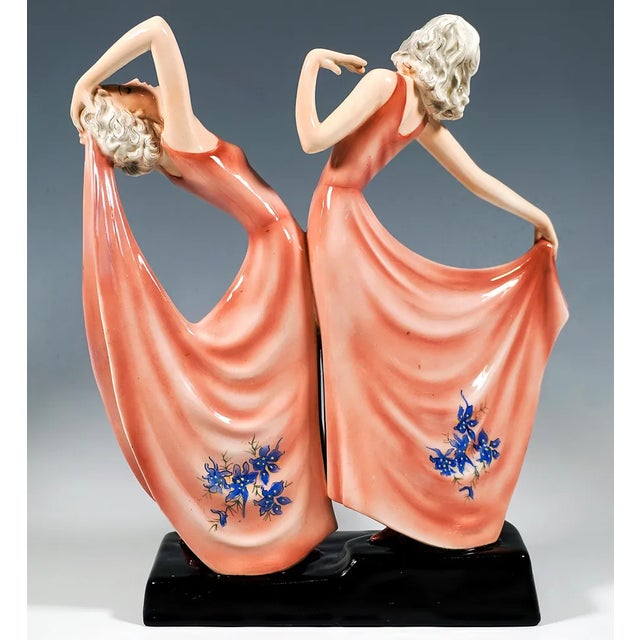 Art Deco Twin Dancers Dolly Sisters attributed to Stephan Dakon for Goldscheider, 1939 For Sale - Image 4 of 9