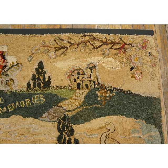 1930s Multicolor Scene Pictoral Folk Art Antique American Hooked Hand Knotted Rug 2'3" X 3'2" Wool Carpet For Sale - Image 4 of 10