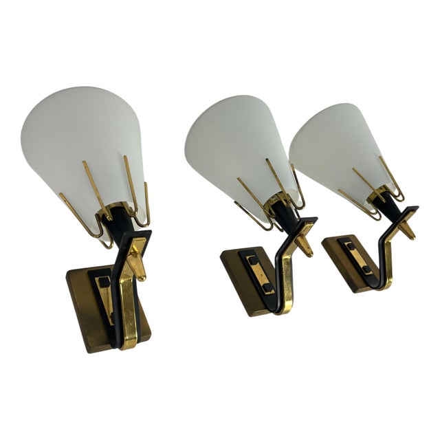 Wall Lamps in Brass and Opal Glass, Set of 3 For Sale