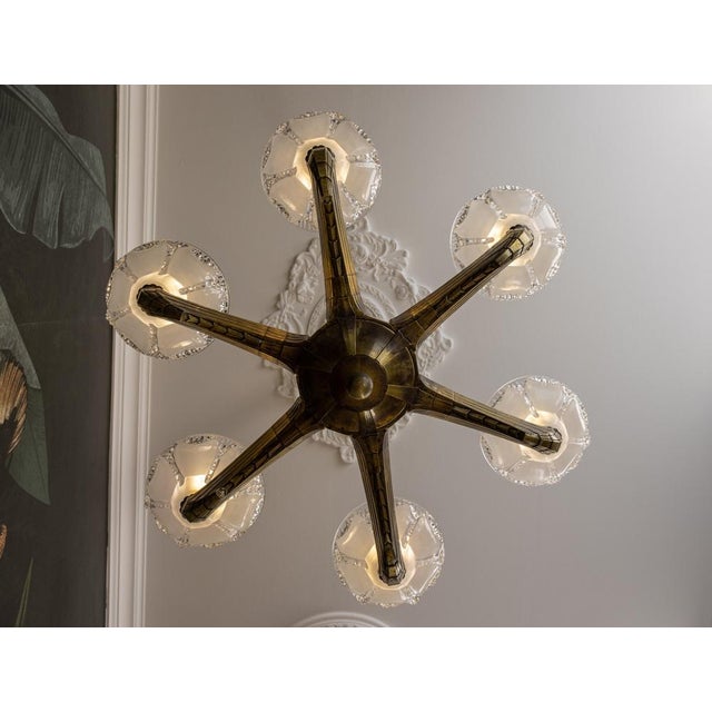 Gold French Art Deco Six-Light Bronze & Frosted Glass Chandelier, 1930s For Sale - Image 8 of 18