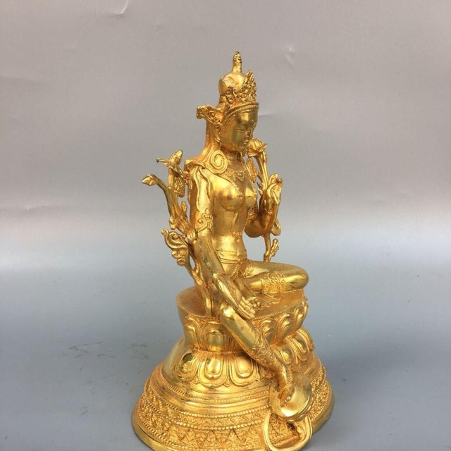 Asian Late 20th Century Gilt Bronze Green Tara Statue, Tibetan Buddhist Figure, 900g For Sale - Image 3 of 9