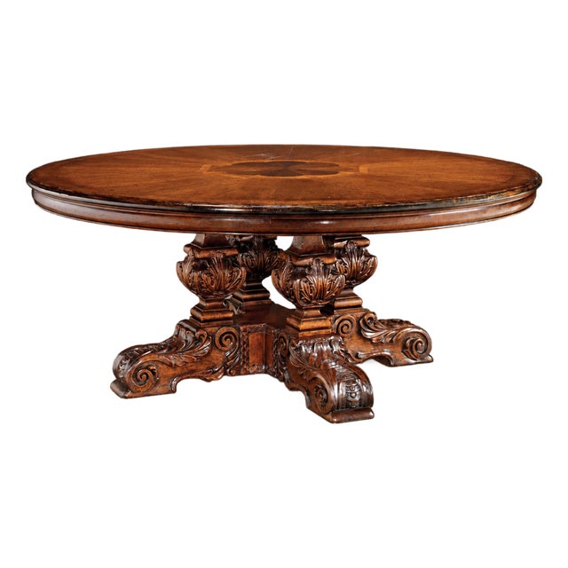 Italian Hand-Carved Round Dining Table With Inlaid Top For Sale