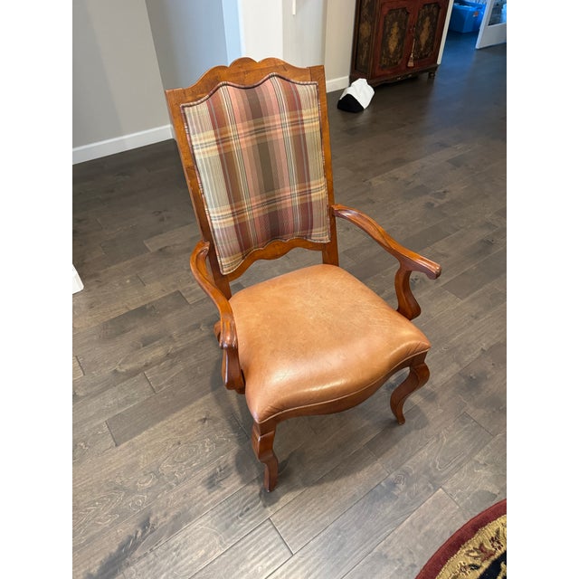 Wood Century Furniture “Town & Country” Dining Chairs – Robert Allen Fabric & Bison Nutmeg Leather For Sale - Image 7 of 8