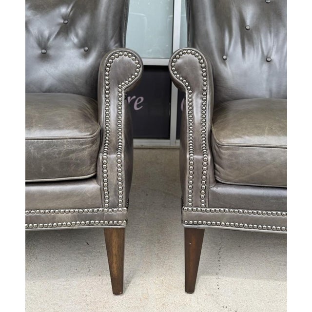 Wood Pair of Hooker Furniture Faux-Leather Army-Green/Gray Maya Chairs For Sale - Image 7 of 18