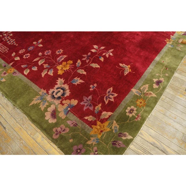 Magistral Red Rust Background and Green Border Color With Floral Design Antique Chinese Art Deco Rug For Sale In New York - Image 6 of 12