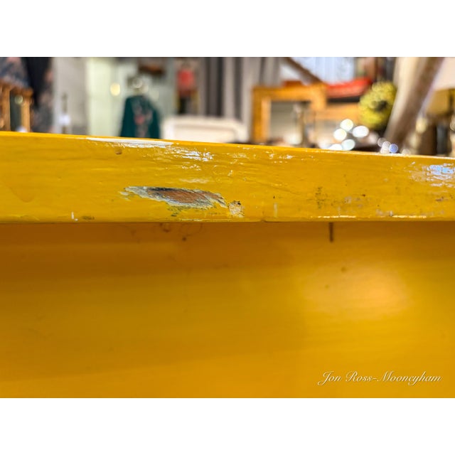 Vintage Large School or Lab Table , or Desk, With Painted Bright Yellow With Blue and Orange Drawers For Sale - Image 9 of 12