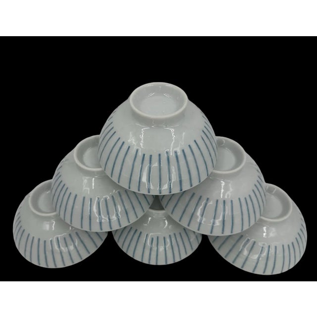 Mid Century Japanese Rice Bowls Blue and White Lines Set of Six Soup ...