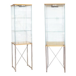 Pair of Mid-Century Modern Glass and Blond Wood Display Cases For Sale