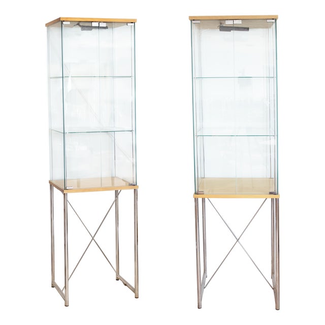 Pair of Mid-Century Modern Glass and Blond Wood Display Cases For Sale