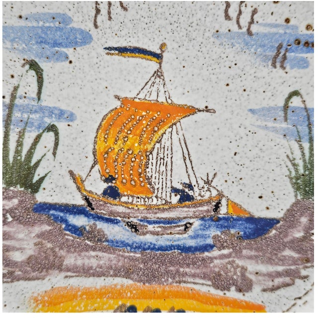 White French Peint Main Studio Faience Plate With Hand-Painted Sailboat Scene For Sale - Image 8 of 11