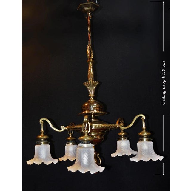 Art Deco French Brass Five-Light Chandelier with Opaline Glass Shades, 1920s For Sale - Image 3 of 18