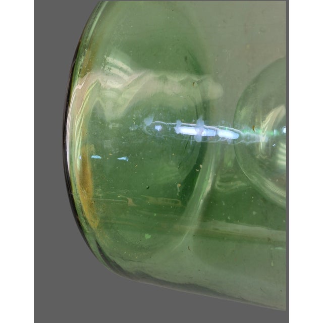 Vintage Hand Blown Italian Green Glass Wine Decanter Ice Chamber Raffia Stopper For Sale - Image 6 of 9