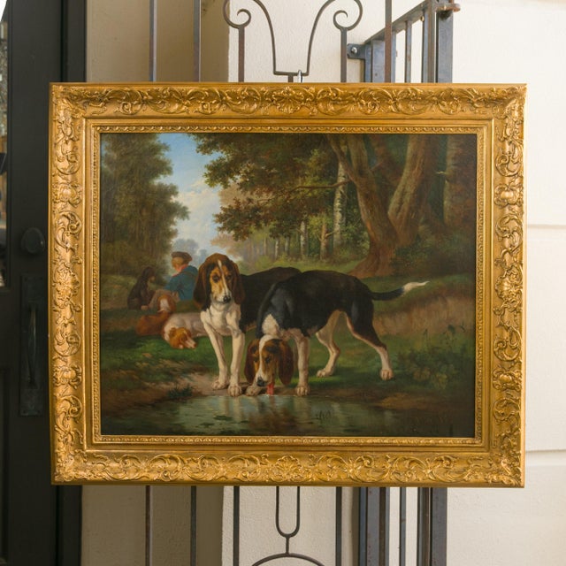 19th Century Signed Joost-Vincent De Vos 19th Century Oil Painting Depicting Hounds and Boy For Sale - Image 5 of 12
