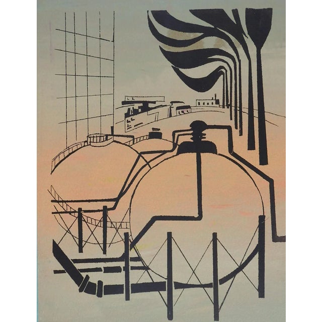 Mid-Century Modern Vintage Mid Century Industrial Refinery Scene Peach & Taupe Serigraph For Sale - Image 3 of 3