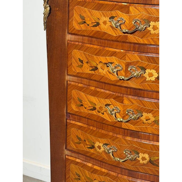 Tall French Louis XV Marquetry Chest of Drawers with Marble Top For Sale - Image 4 of 7