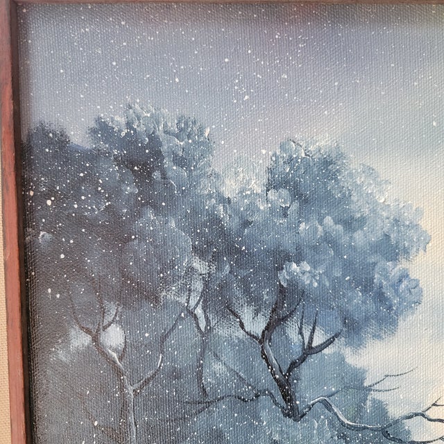 VTG Oil Painting 25"x21" Canvas Snow Cabin Stream Trees Water SGN Bd Pollard '93 For Sale - Image 9 of 18