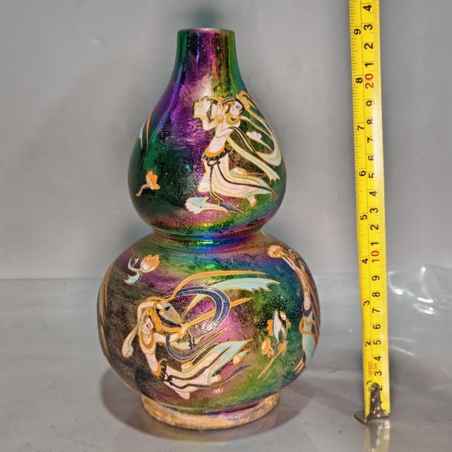 Iridescent Gourd Vase With Figural Motif | Colorful Ceramic Home Decor For Sale - Image 4 of 9