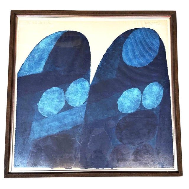 Original Signed Carol Summers "Colle Val D'Elsa" Woodcut, Framed. Carol Summer (American, b. 1925). A blue-hued abstract...