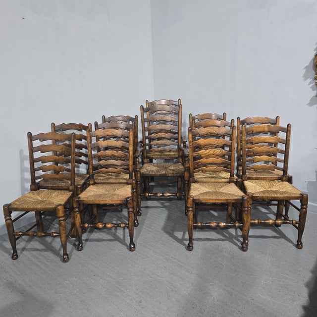 Vintage Lancashire Oak Dining Chairs with Ladder Back, 1920, Set of 12 For Sale - Image 15 of 16