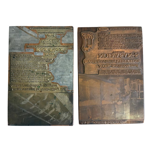 Antique Advertising Letterpress Printing Plates Mounted on Wood Blocks – Pair For Sale