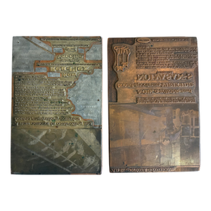 Antique Advertising Letterpress Printing Plates Mounted on Wood Blocks – Pair
