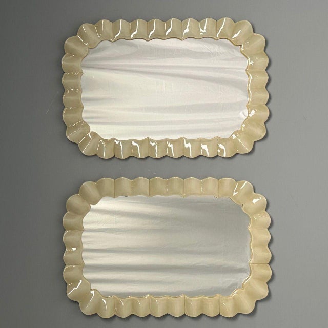 Modern Ruffle Wall Mirrors, White Murano Glass, Brass, Italy, 21st C. For Sale - Image 13 of 14