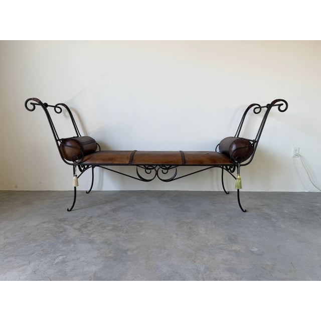 Rustic Vintage Rustic Wrought Iron & Leather Scroll Bench For Sale - Image 3 of 12