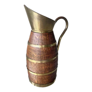 Late 19th/Early 20th-Century French Coopered Oak Jug With Brass Braces & Copper Rivets