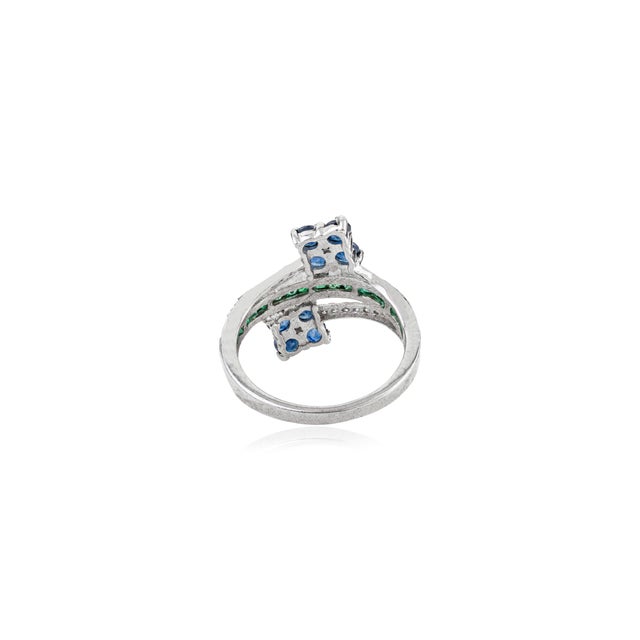 Metal 925 Silver Emerald, Sapphire & Diamond Double Flower Bypass Designer Anniversary Ring - Size 6.5 For Sale - Image 7 of 11