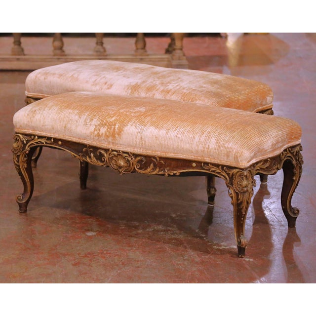 Pair of 19th C. French Louis XV Painted Walnut Benches With Gold Leaf Accents For Sale - Image 4 of 8