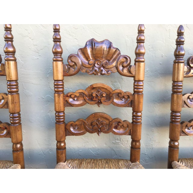 20th century set of six Catalan chairs in carved walnut and caned seats. Country chairs.