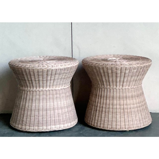Late 20th Century Vintage Coastal Pale Pink Woven Rattan Side Tables - A Pair For Sale - Image 5 of 6