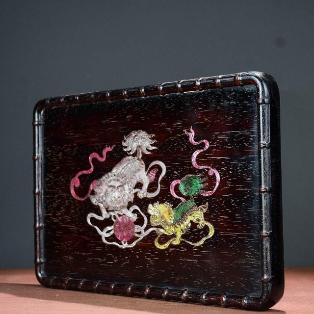1980s Vintage Chinese Rosewood Tea Tray With Mother of Pearl Inlay & Lion Motif For Sale - Image 5 of 8
