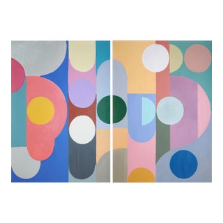 2026, Art Deco Diagrams Painting, Vivid Tones Geometric Shapes Diptych, Acrylic Paint on Watercolor Paper by Natalia Roman For Sale