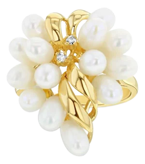 Freshwater Pearl Grape Cluster Cocktail Ring with Diamond Accents 14k Yellow Gold, Size 4