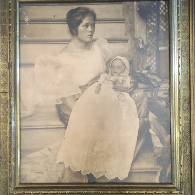 Wood Victorian Large Brass Frame With Mourning Photo For Sale - Image 7 of 13