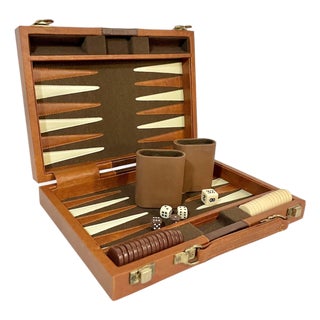 Vintage Mid-Century Cream and Brown Striped Backgammon Game Set in Travel Case For Sale
