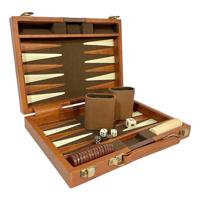 Vintage Mid-Century Cream and Brown Striped Backgammon Game Set in Travel Case For Sale